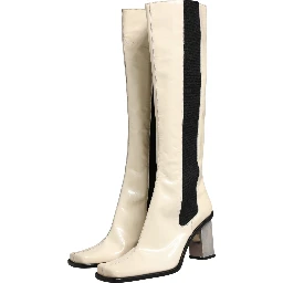 White Black Leather Knee High Boots Shoes