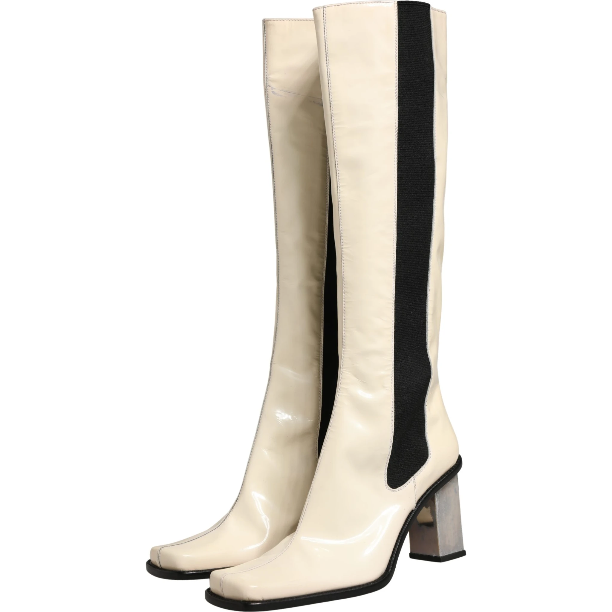 White Black Leather Knee High Boots Shoes