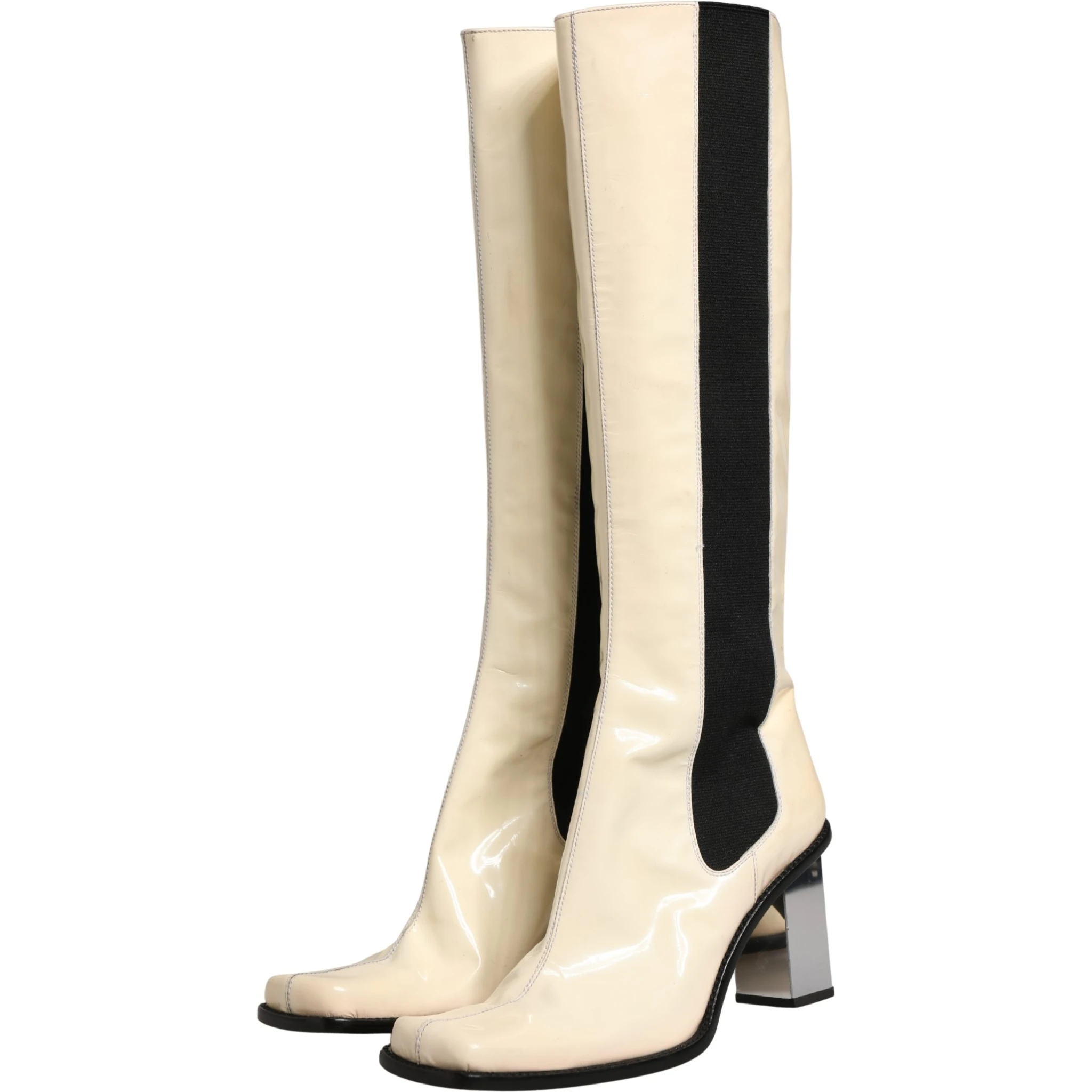 White Black Leather Knee High Boots Shoes