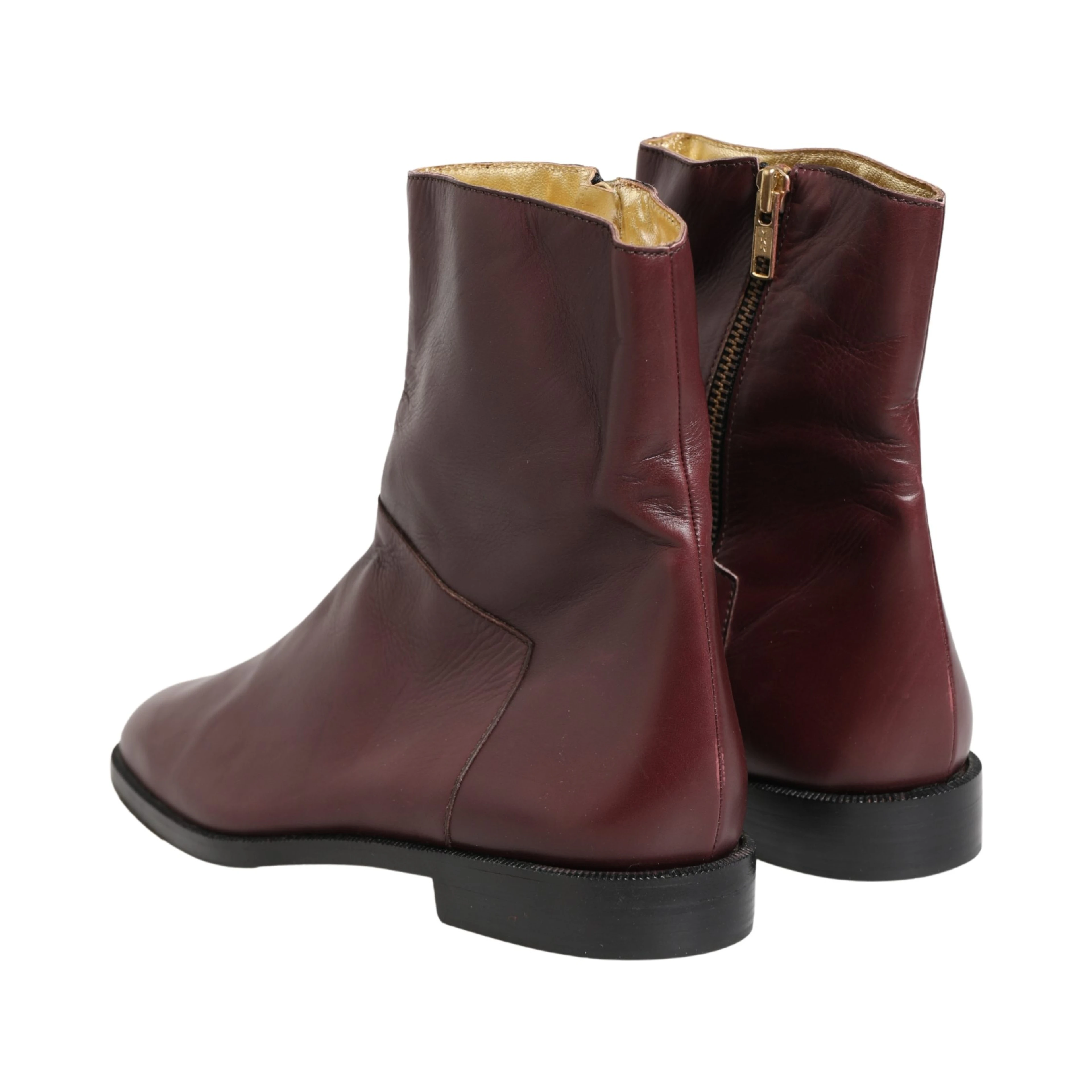 Maroon Leather Flats Biker Ankle Boots Shoes