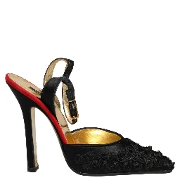 Black Satin Floral Ankle Strap Sandals Shoes