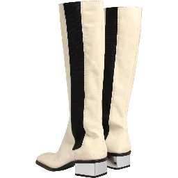 White Black Leather Knee High Boots Shoes