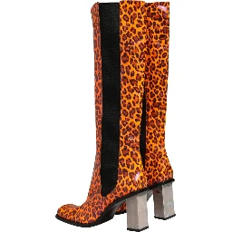 Brown Leopard Leather Knee High Boots Shoes