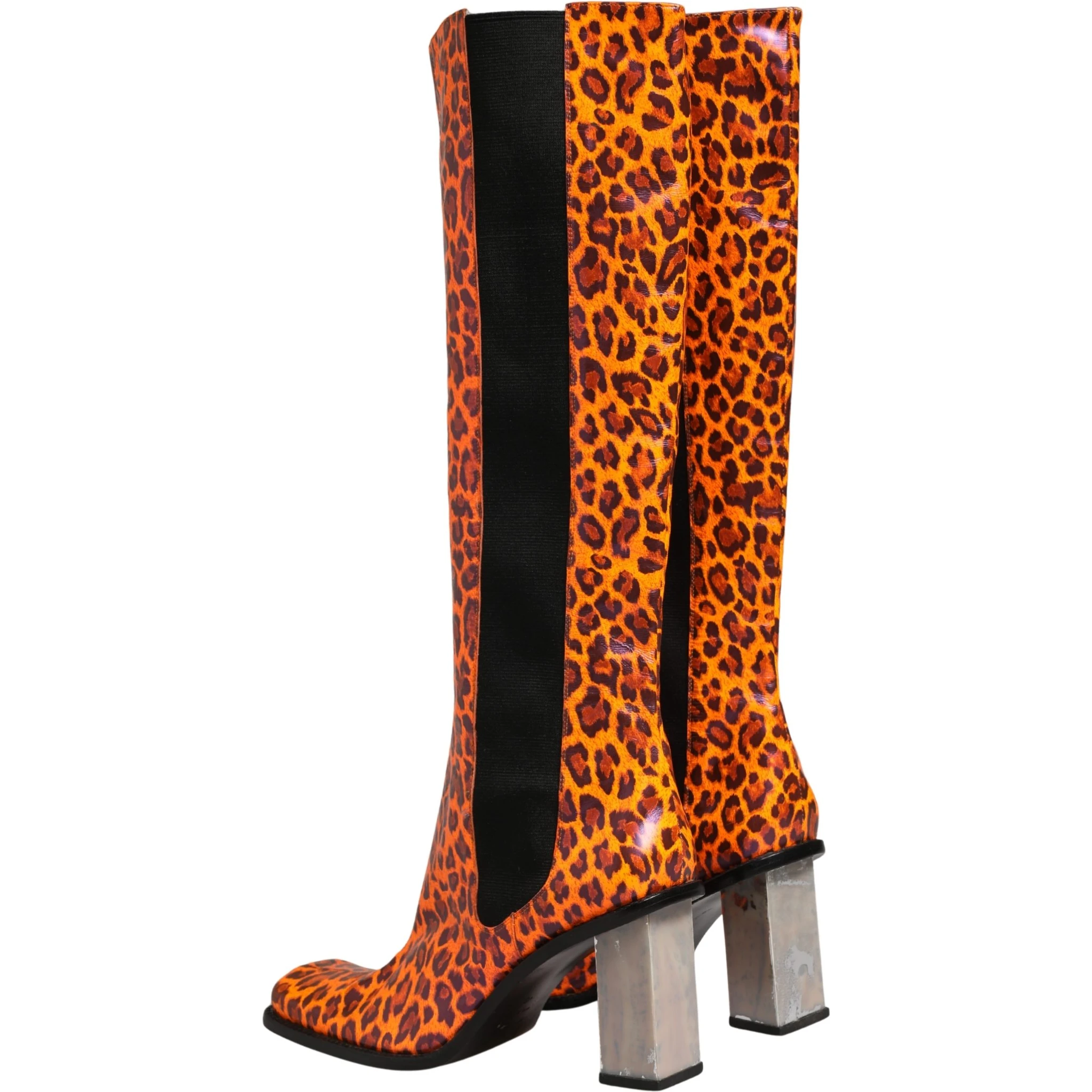 Brown Leopard Leather Knee High Boots Shoes