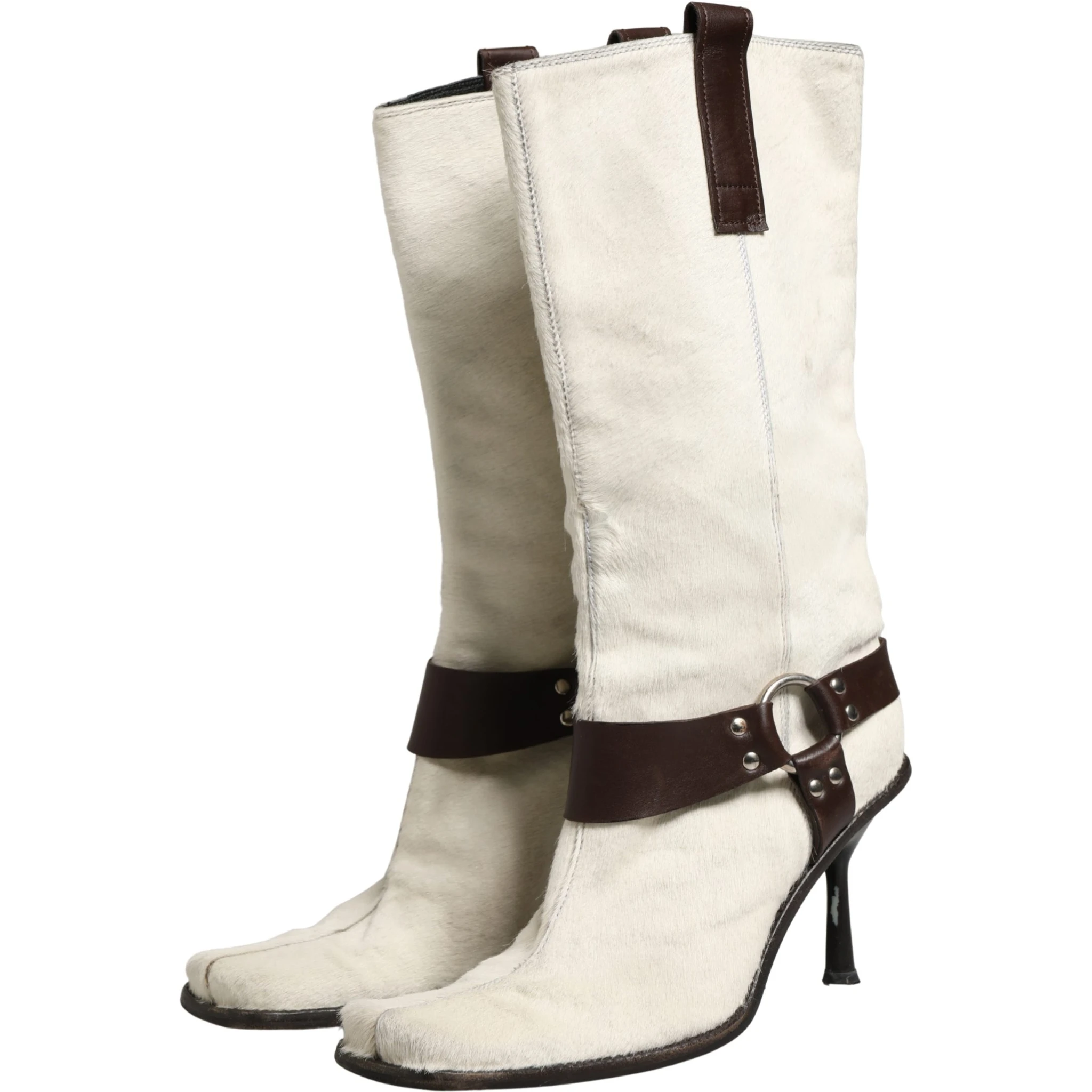 White Brown Fur Leather Mid Calf Boots Shoes