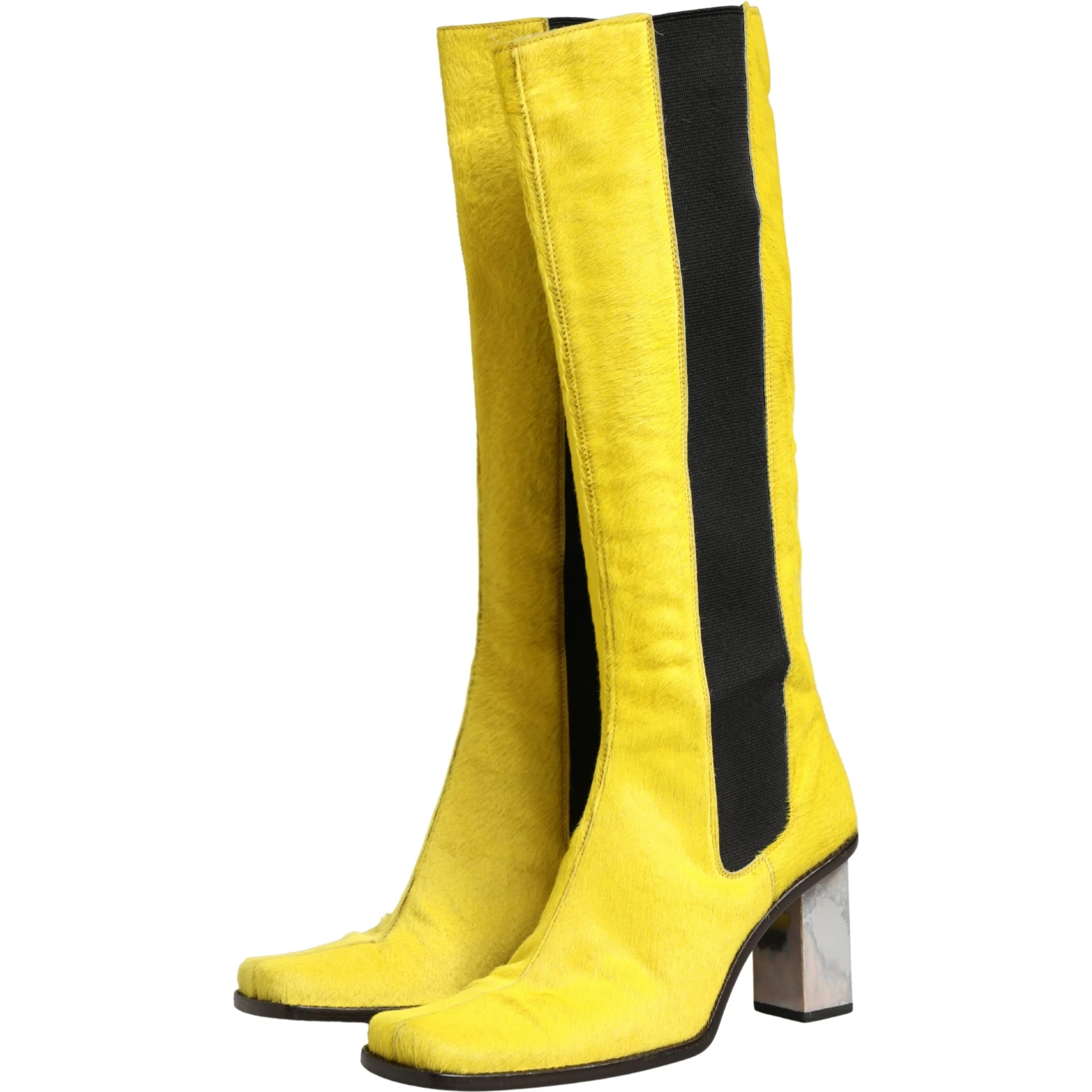 Yellow Black Leather Knee High Boots Shoes