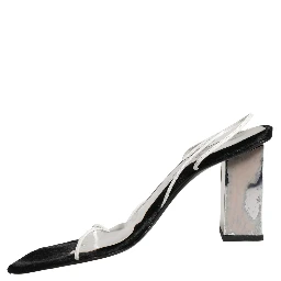 Silver Black Leather Block Heels Sandals Shoes