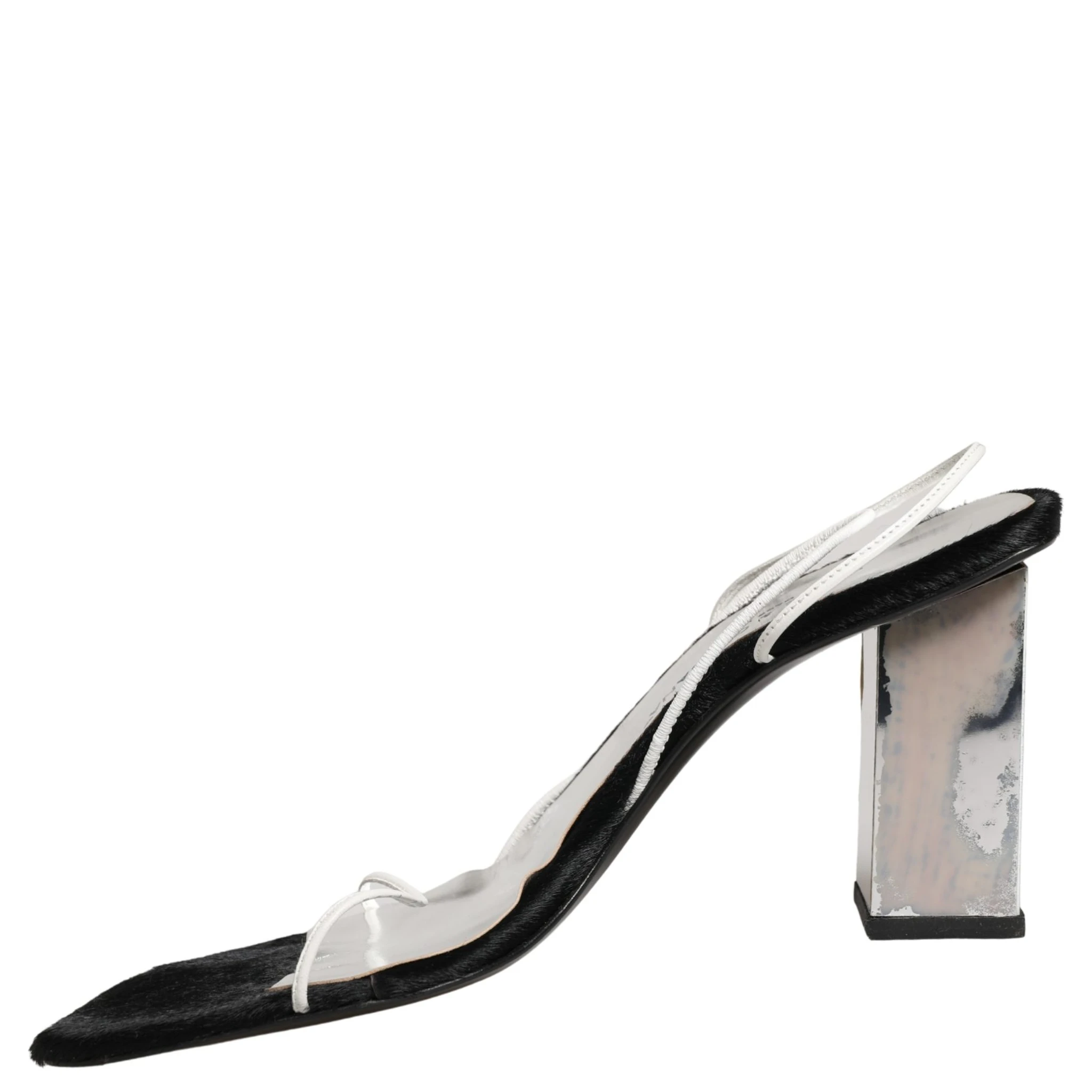 Silver Black Leather Block Heels Sandals Shoes