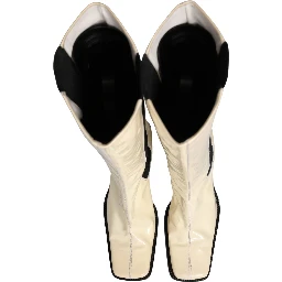 White Black Leather Knee High Boots Shoes