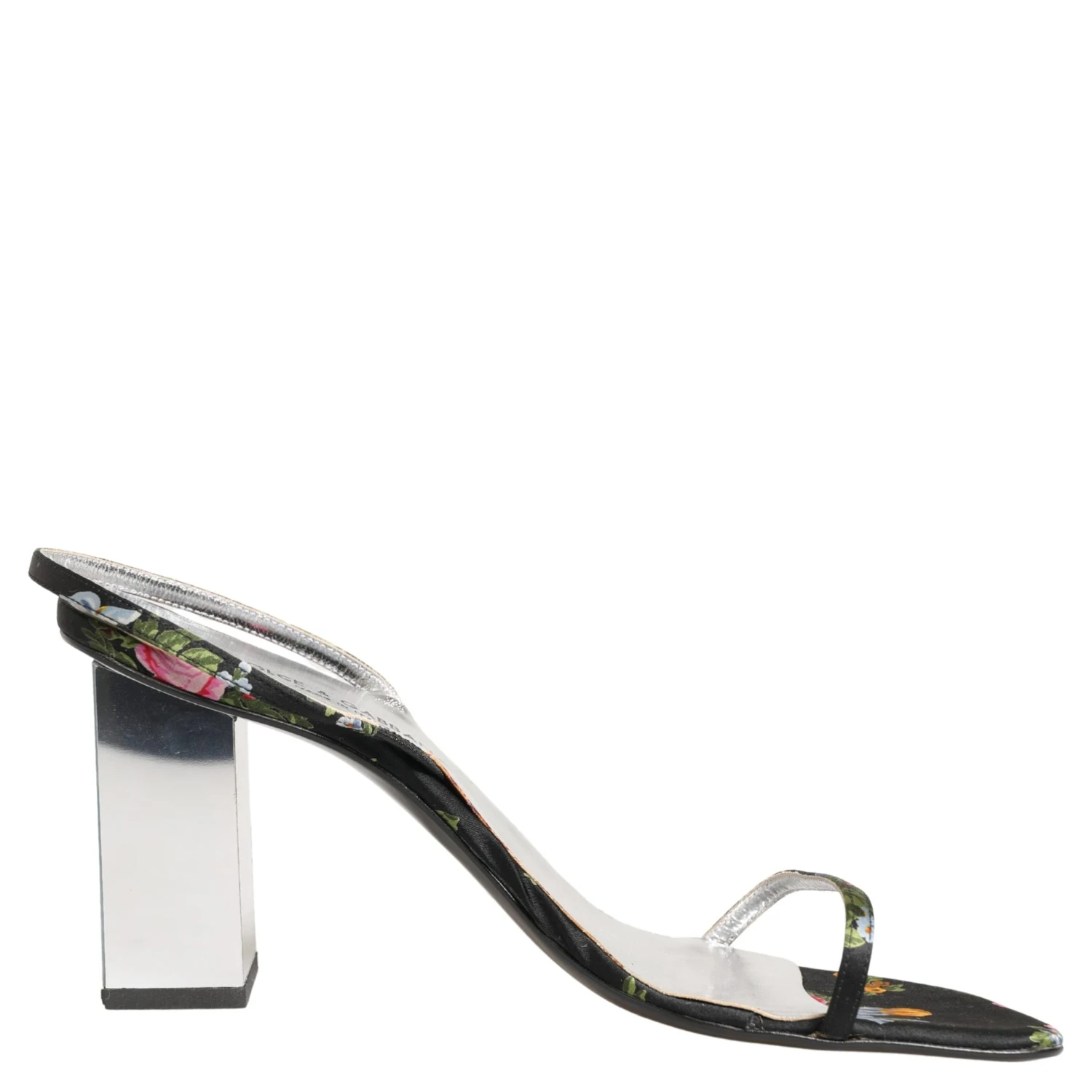 Black Silver Floral Block Heels Sandals Shoes