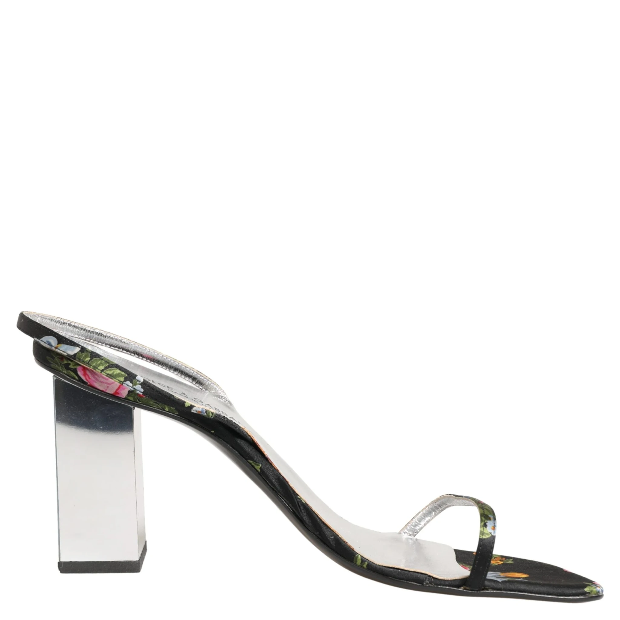 Black Silver Floral Block Heels Sandals Shoes