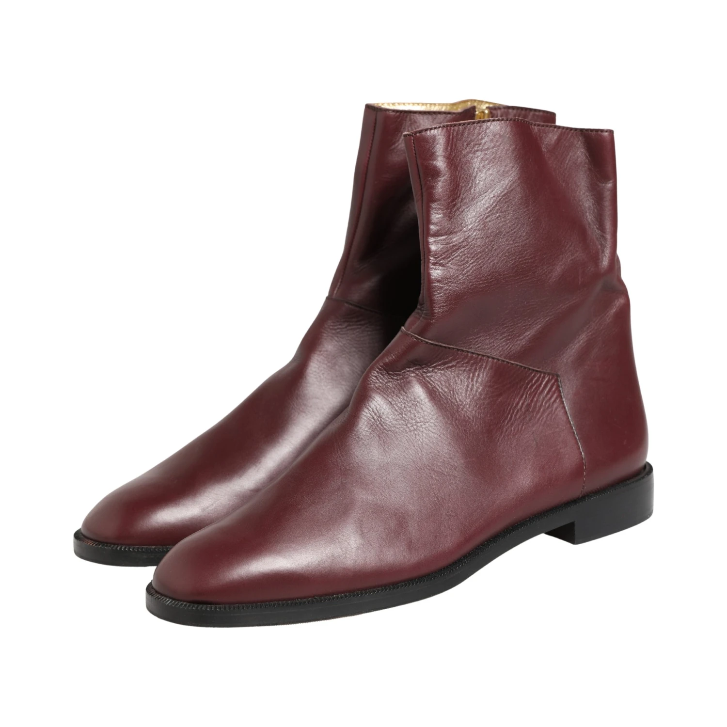 Maroon Leather Flats Biker Ankle Boots Shoes
