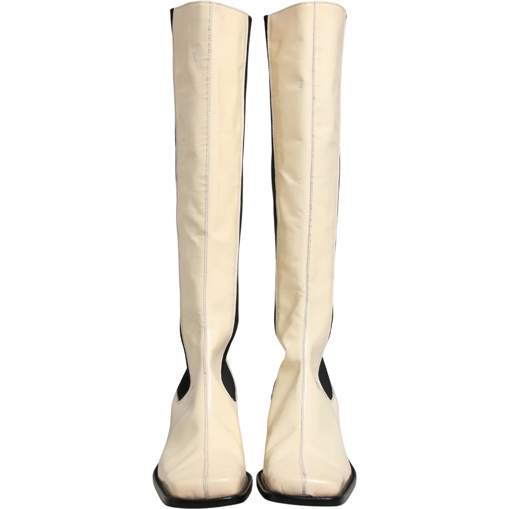 White Black Leather Knee High Boots Shoes