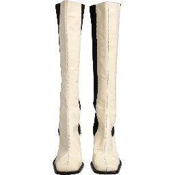 White Black Leather Knee High Boots Shoes