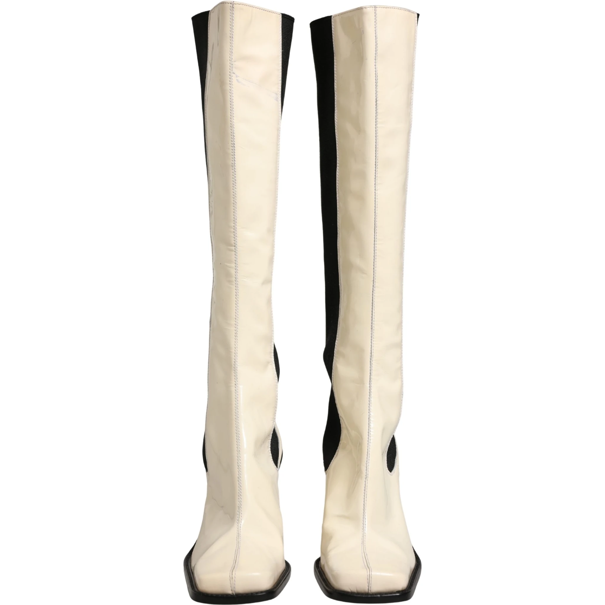 White Black Leather Knee High Boots Shoes