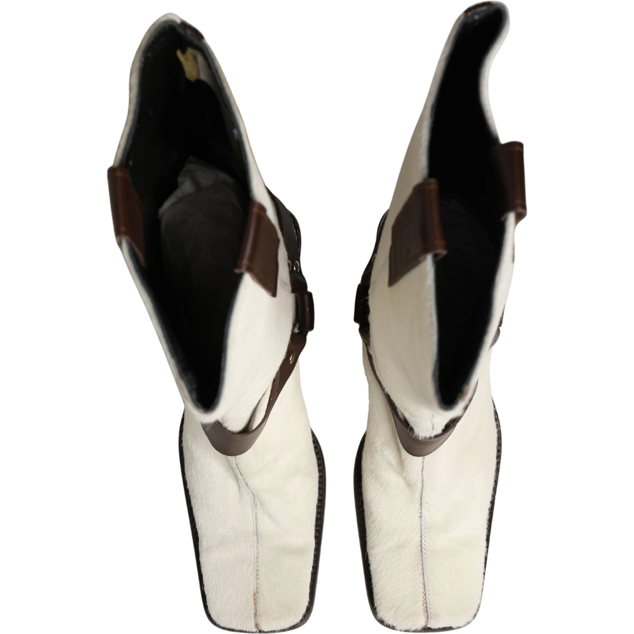 White Brown Fur Leather Mid Calf Boots Shoes