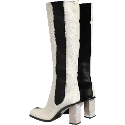 White Black Leather Knee High Boots Shoes