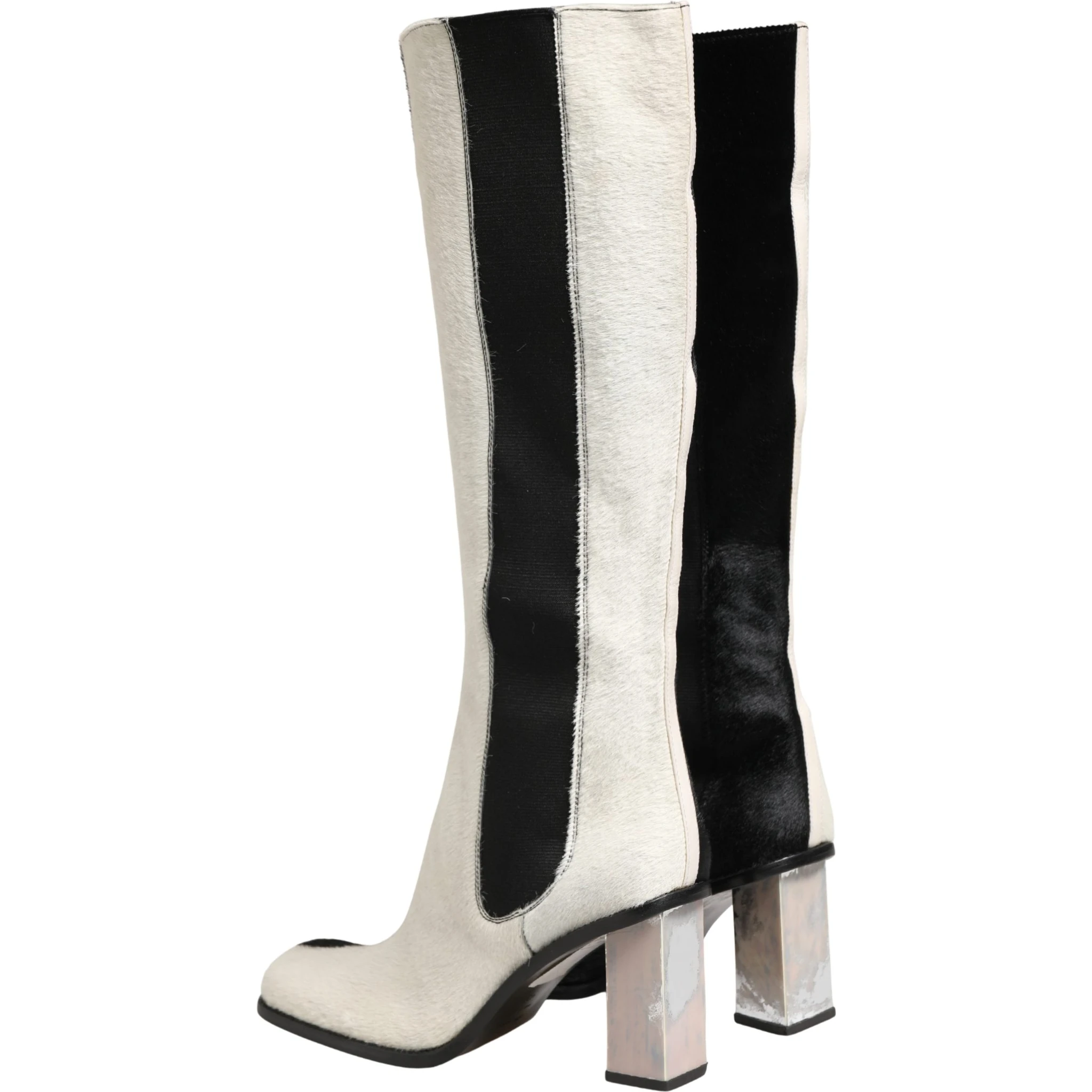 White Black Leather Knee High Boots Shoes