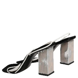 Silver Black Leather Block Heels Sandals Shoes