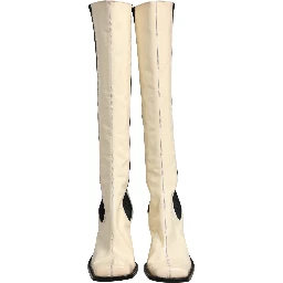 White Black Leather Knee High Boots Shoes
