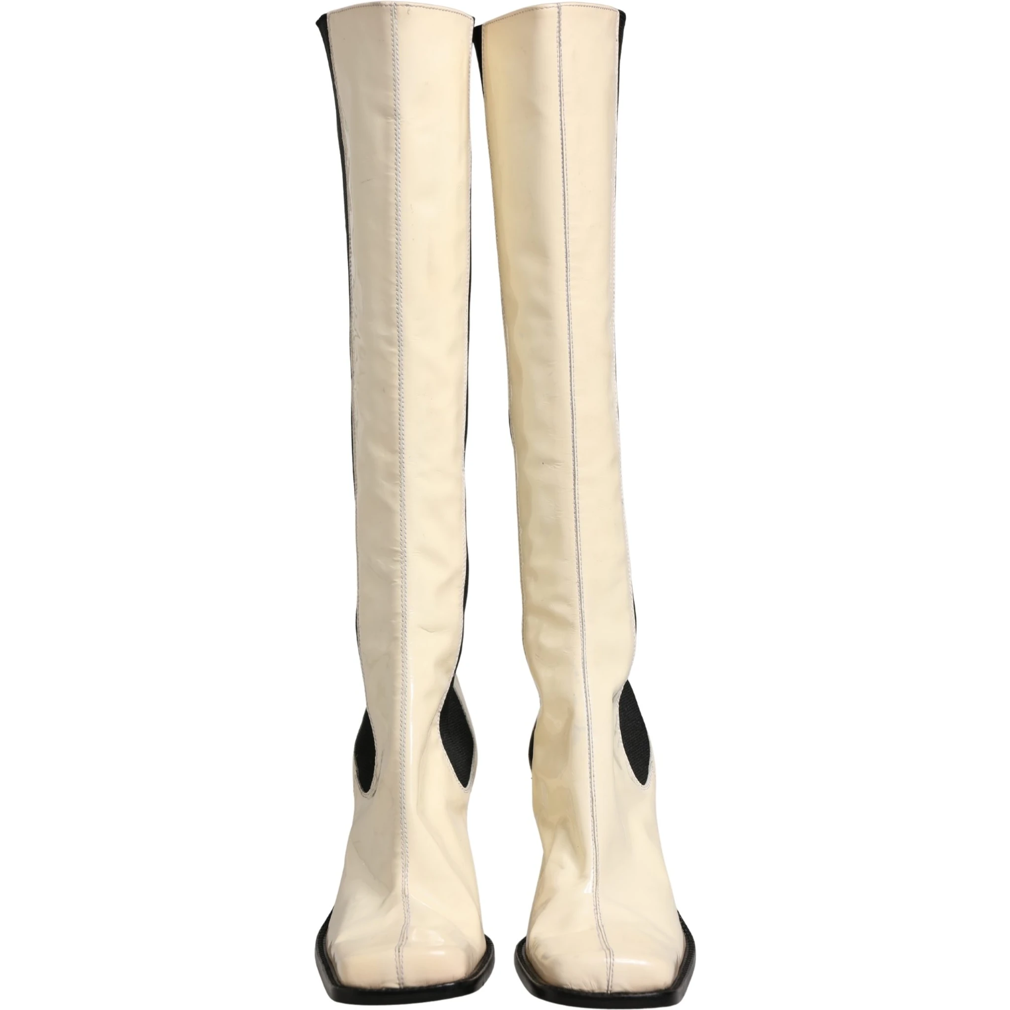White Black Leather Knee High Boots Shoes