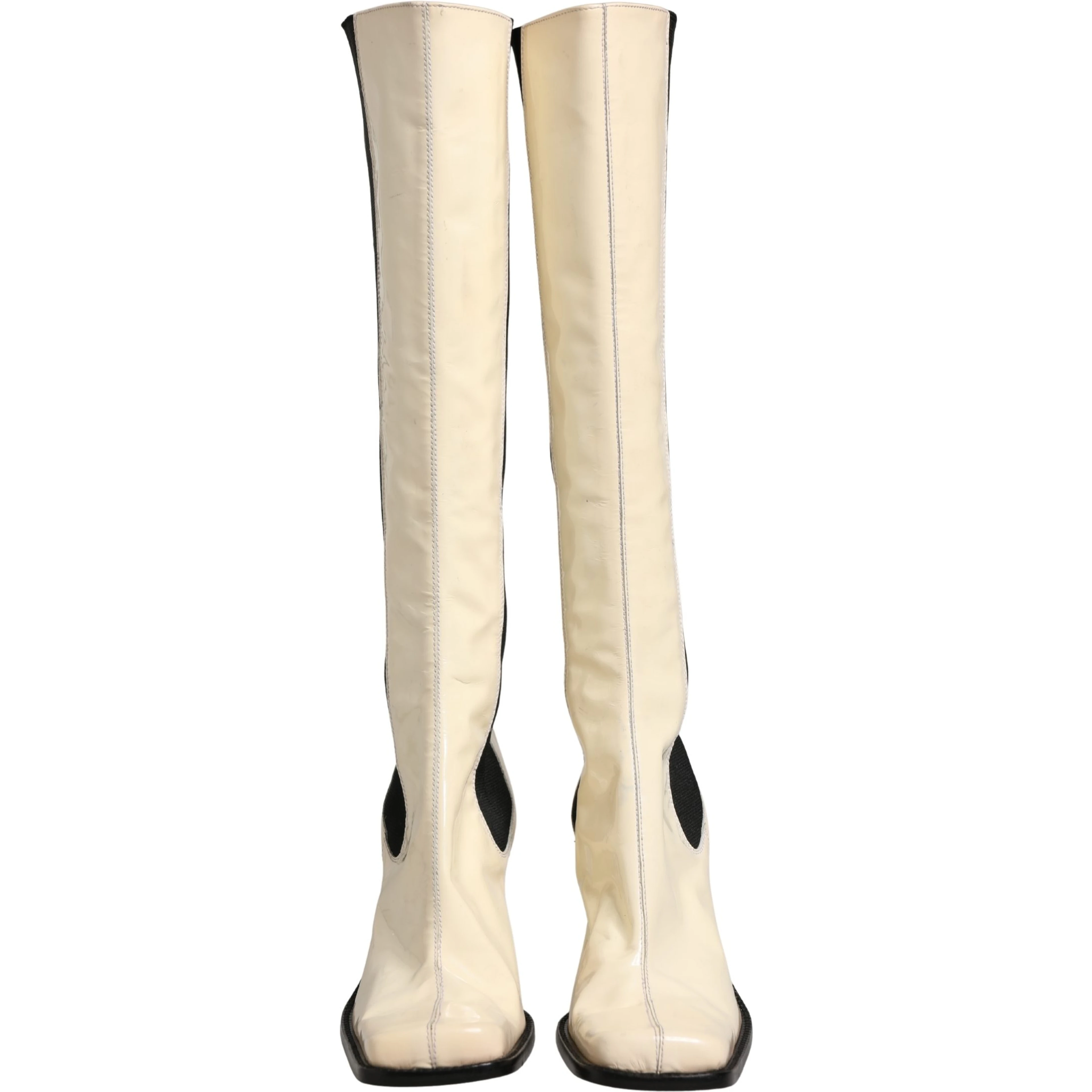 White Black Leather Knee High Boots Shoes