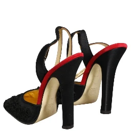 Black Satin Floral Ankle Strap Sandals Shoes