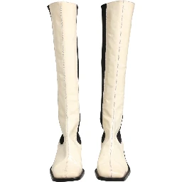 White Black Leather Knee High Boots Shoes