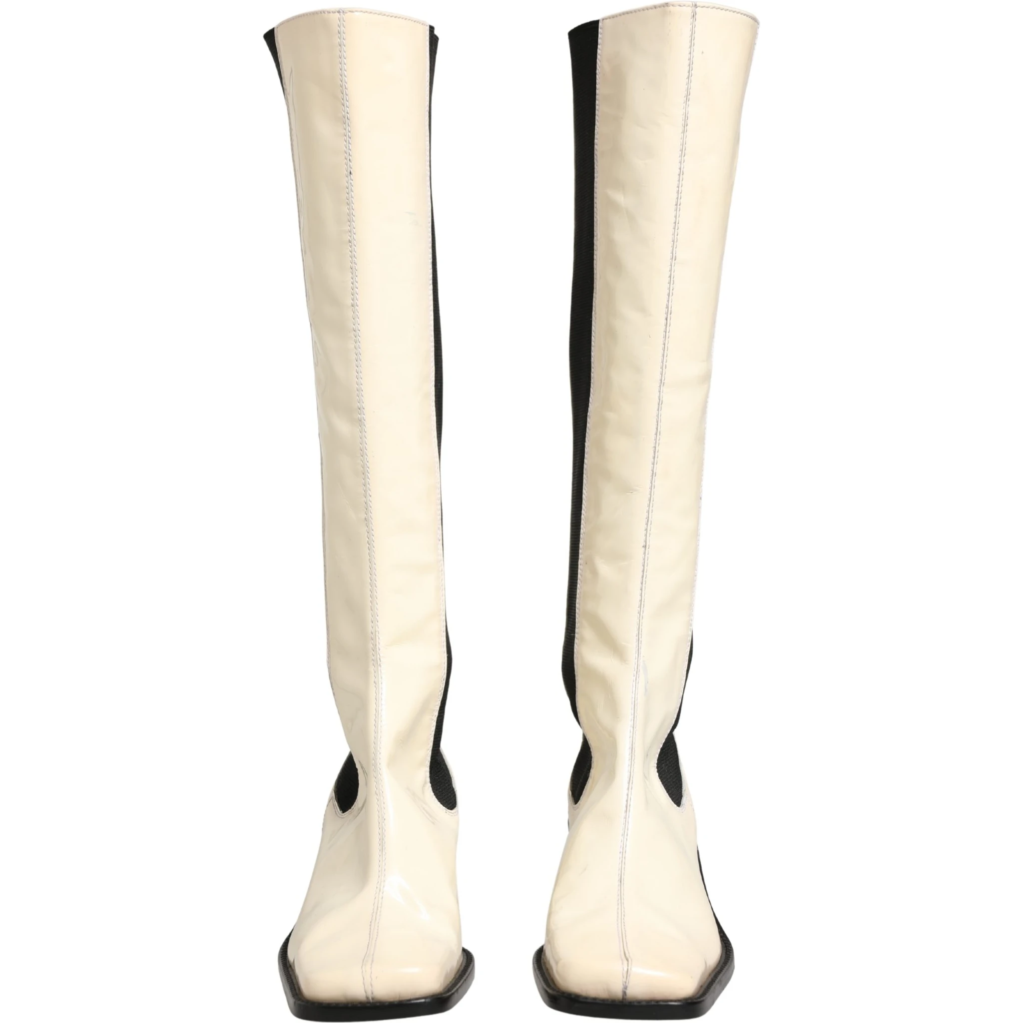 White Black Leather Knee High Boots Shoes
