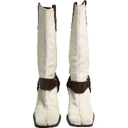 White Brown Fur Leather Mid Calf Boots Shoes