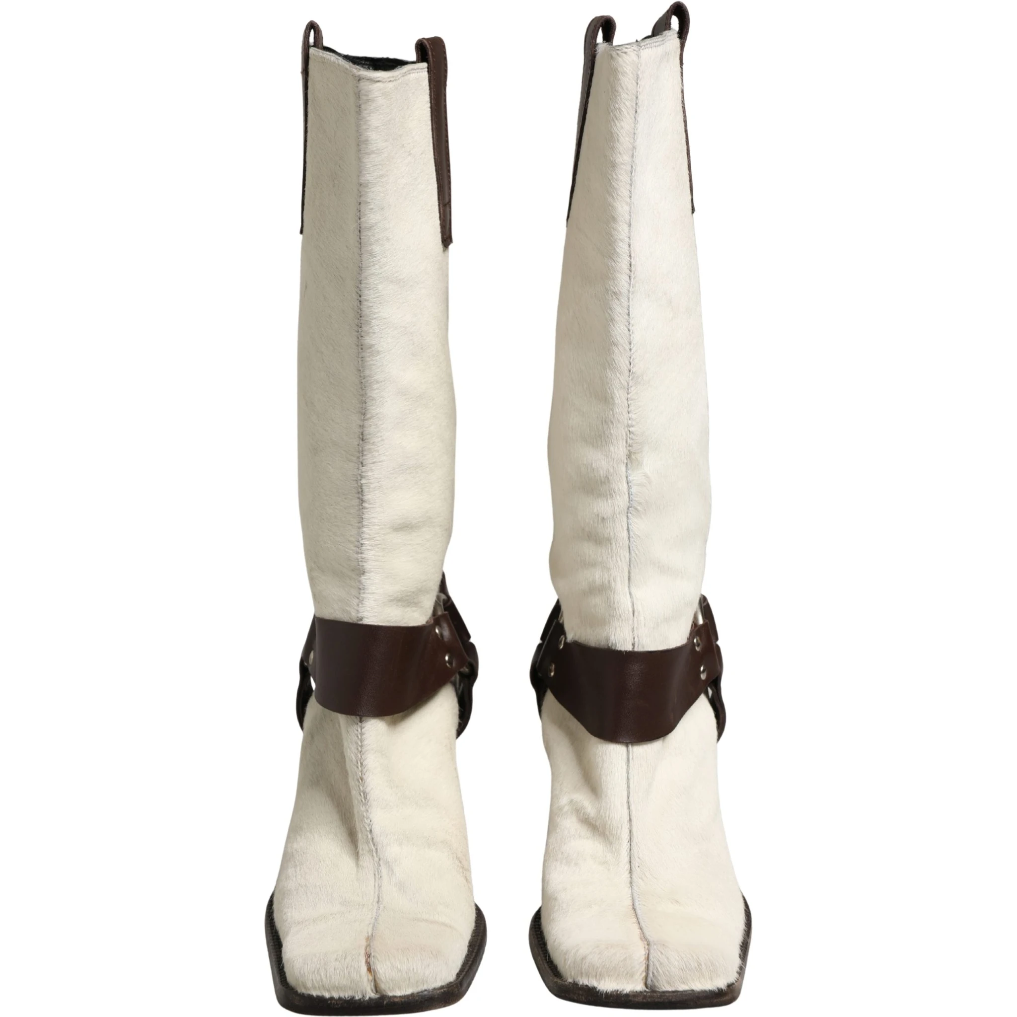White Brown Fur Leather Mid Calf Boots Shoes