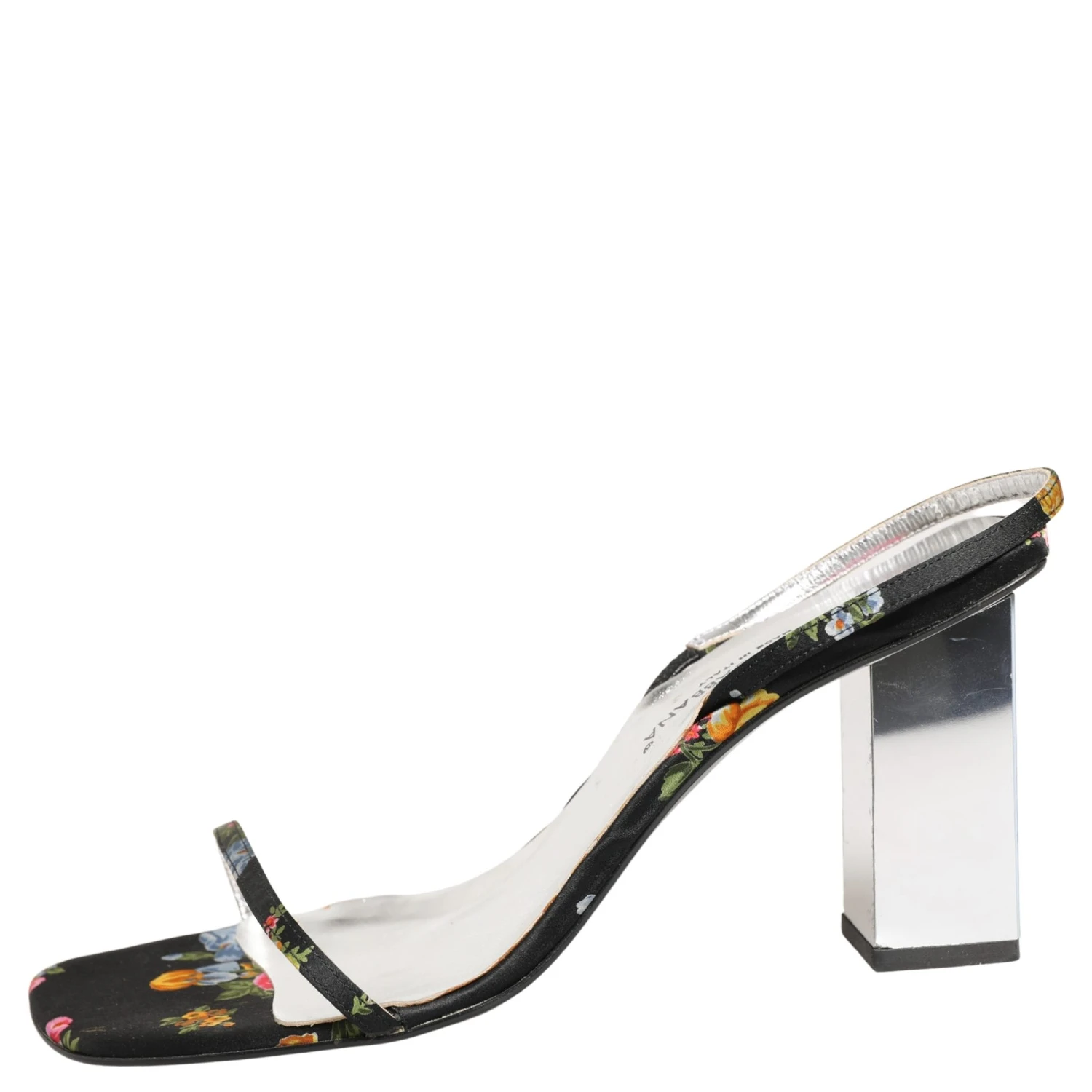 Black Silver Floral Block Heels Sandals Shoes