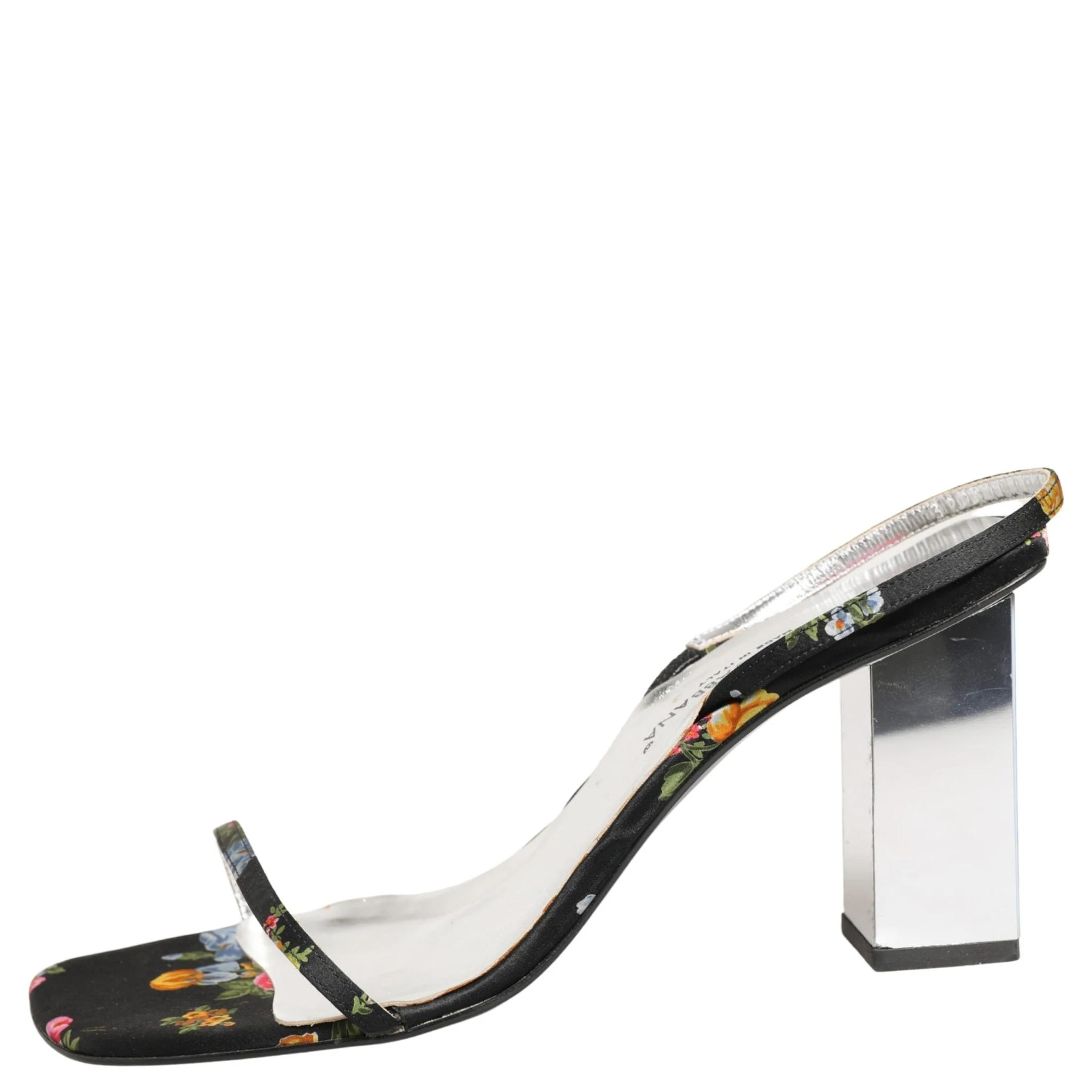 Black Silver Floral Block Heels Sandals Shoes
