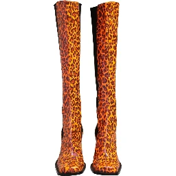 Brown Leopard Leather Knee High Boots Shoes