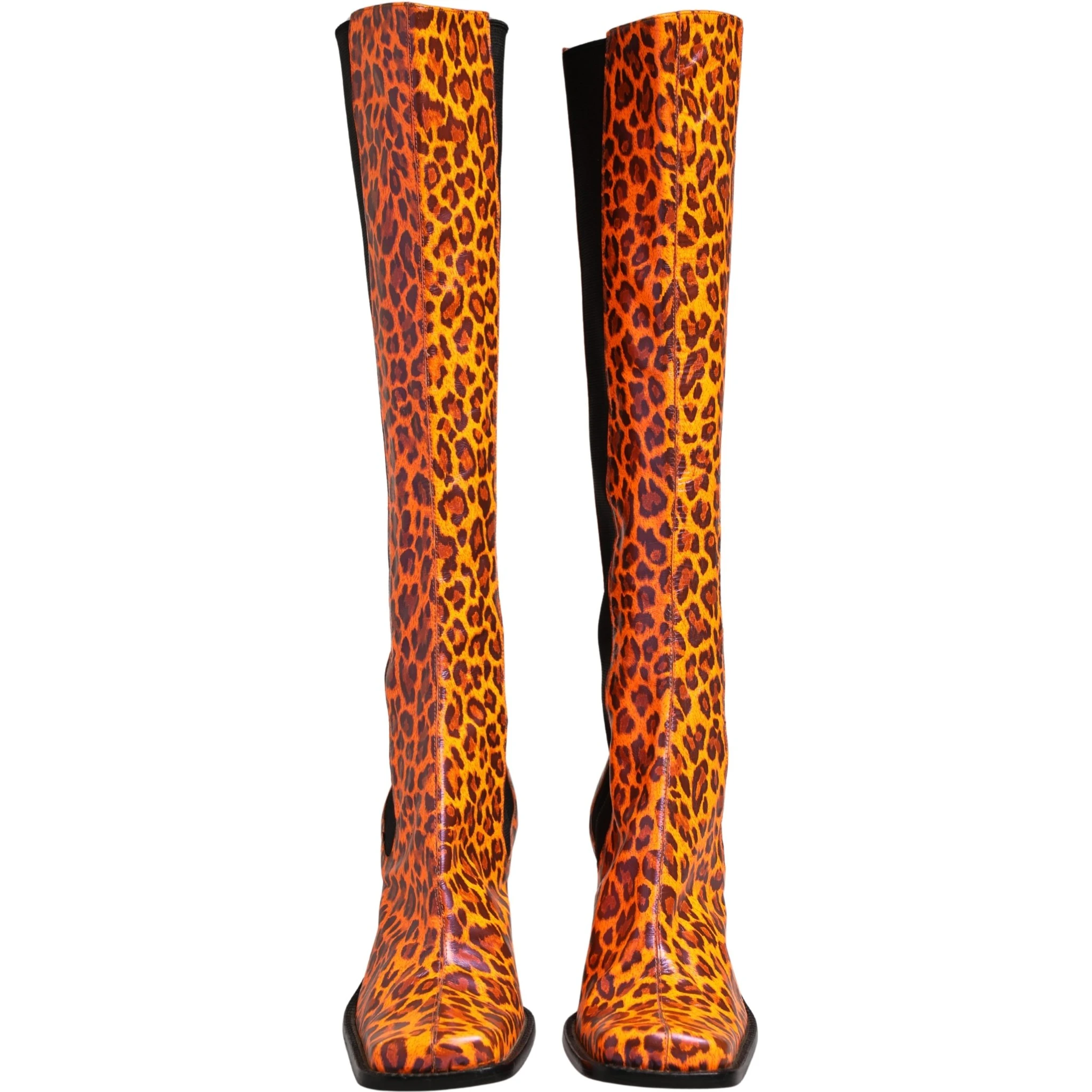 Brown Leopard Leather Knee High Boots Shoes