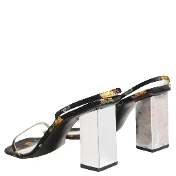Black Silver Floral Block Heels Sandals Shoes