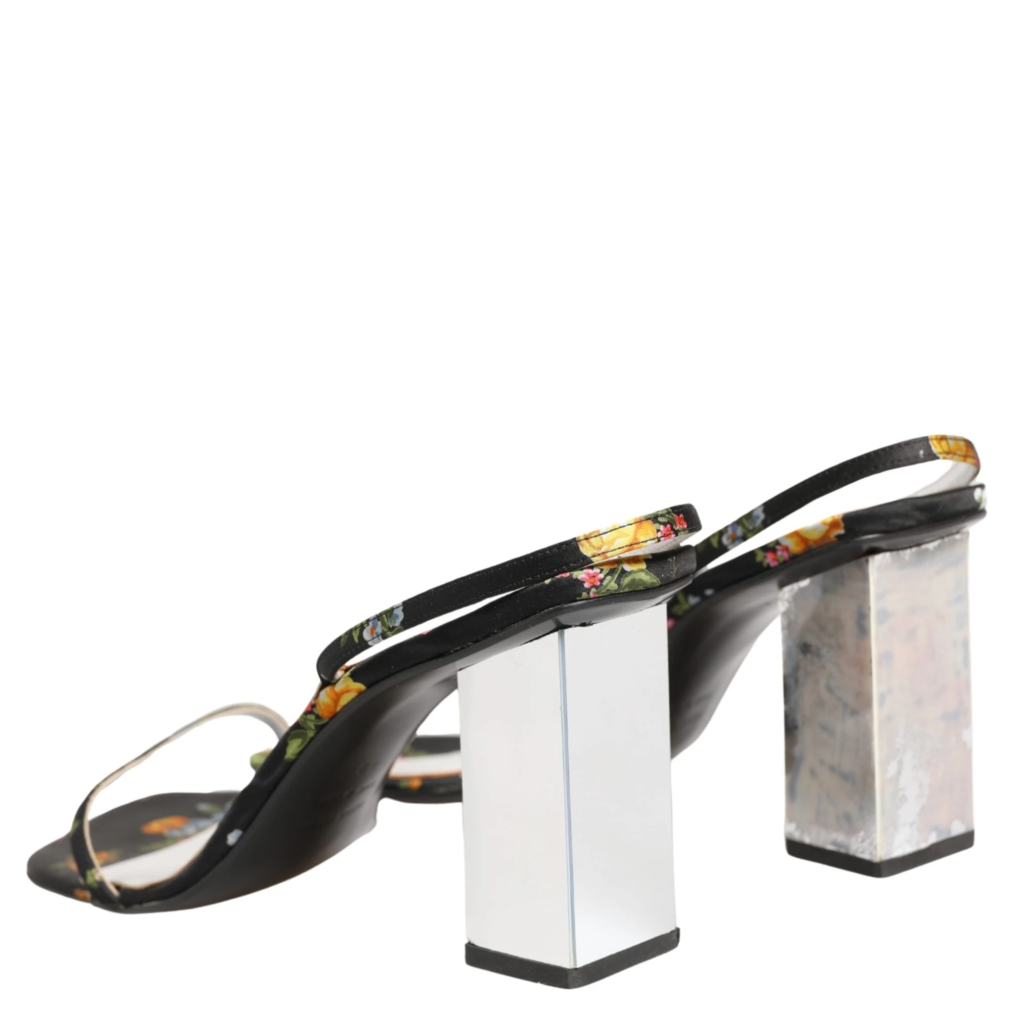 Black Silver Floral Block Heels Sandals Shoes