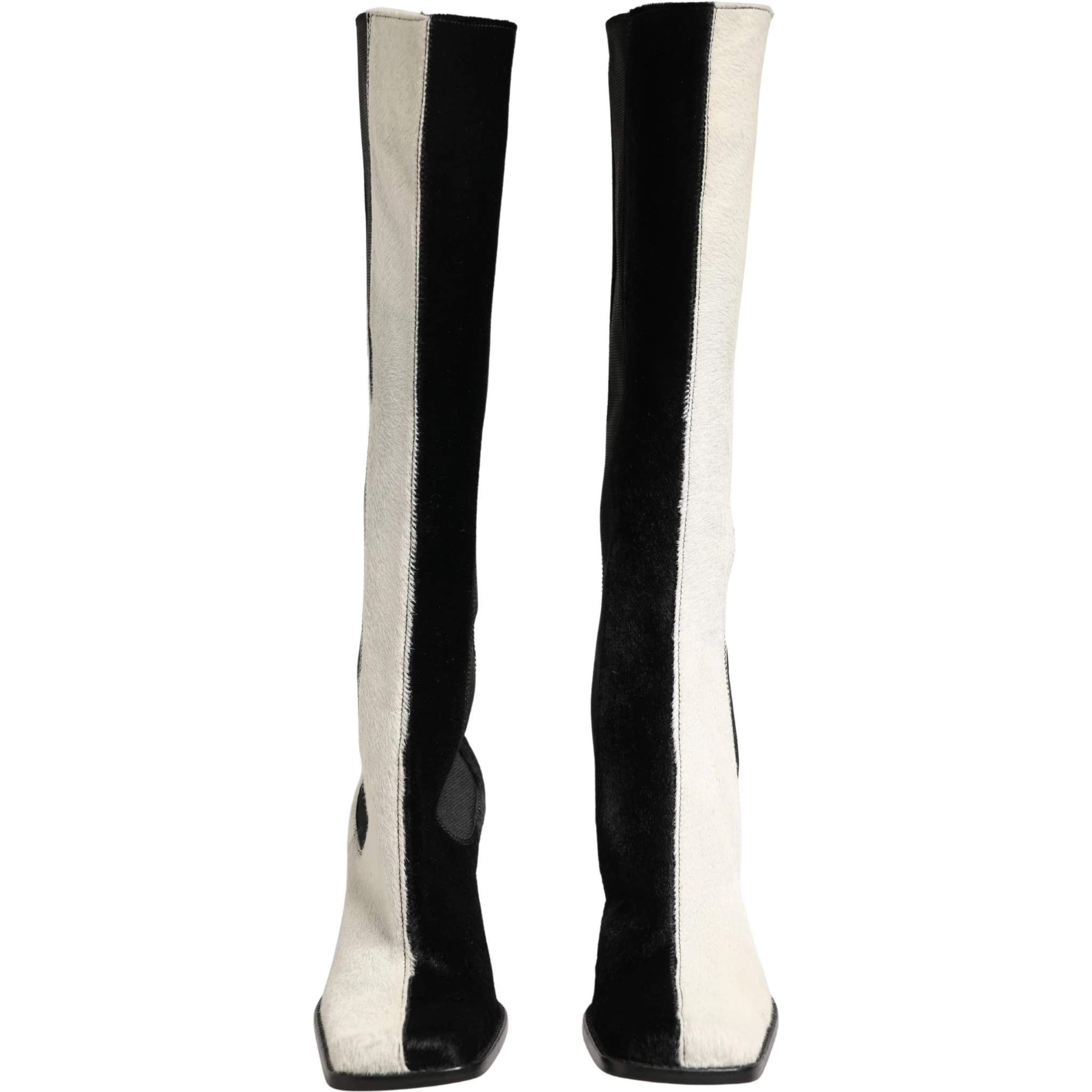 White Black Leather Knee High Boots Shoes