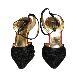 Black Satin Floral Ankle Strap Sandals Shoes