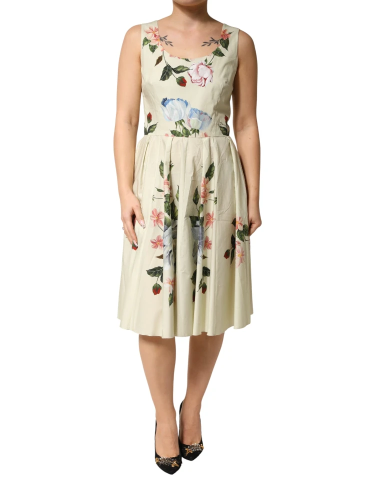 Beige Floral Sleeveless A-line Midi Dress