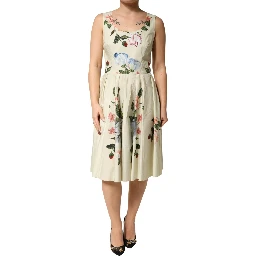 Beige Floral Sleeveless A-line Midi Dress