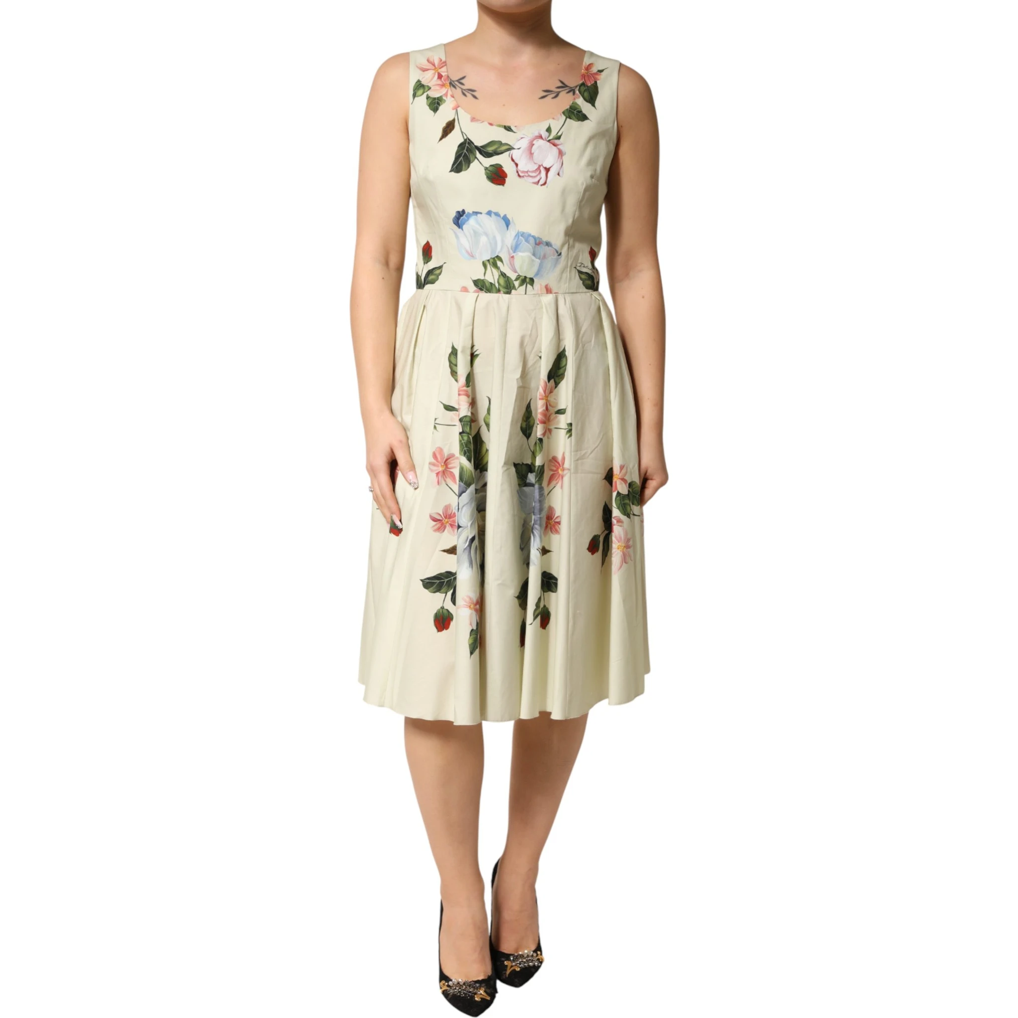 Beige Floral Sleeveless A-line Midi Dress
