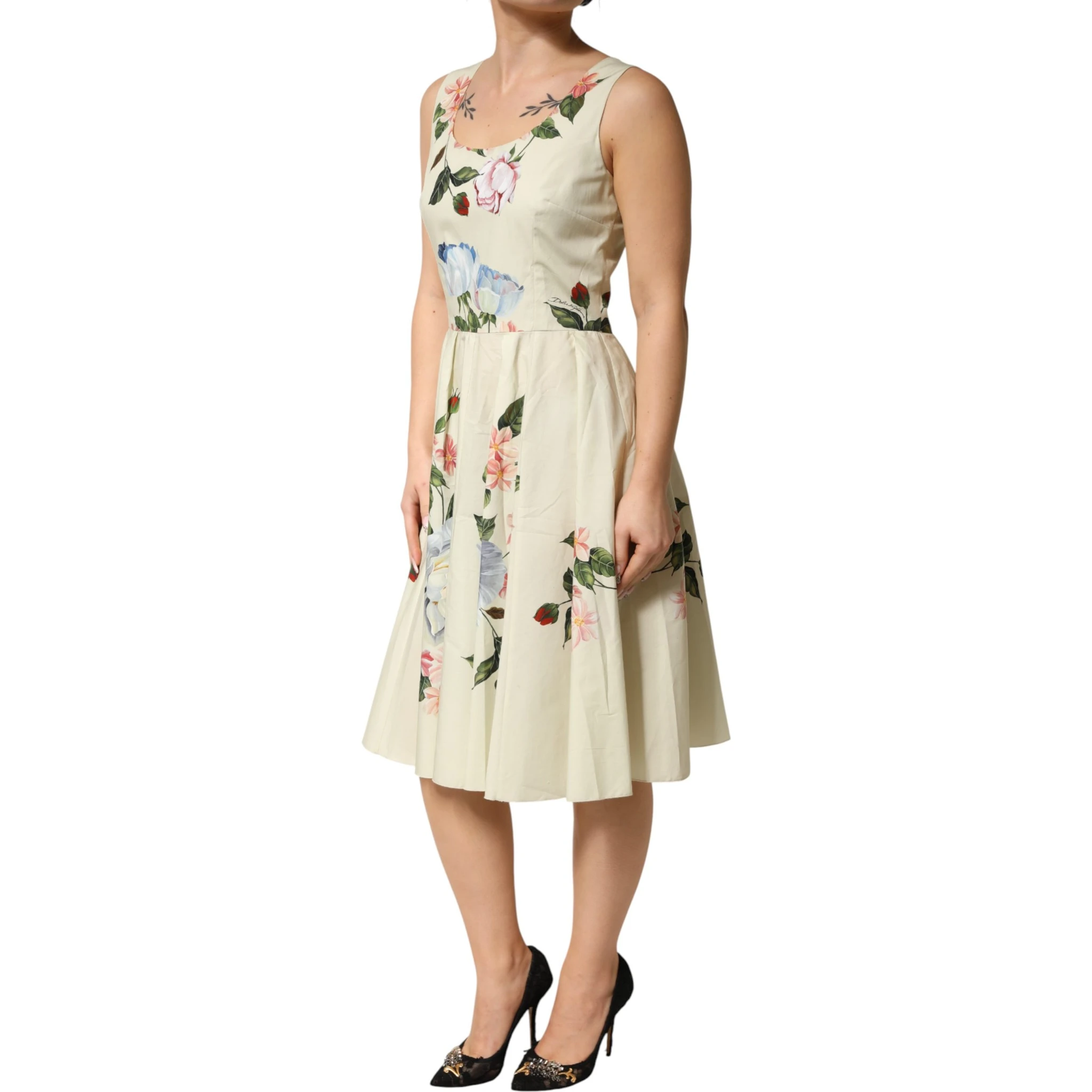 Beige Floral Sleeveless A-line Midi Dress