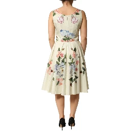 Beige Floral Sleeveless A-line Midi Dress