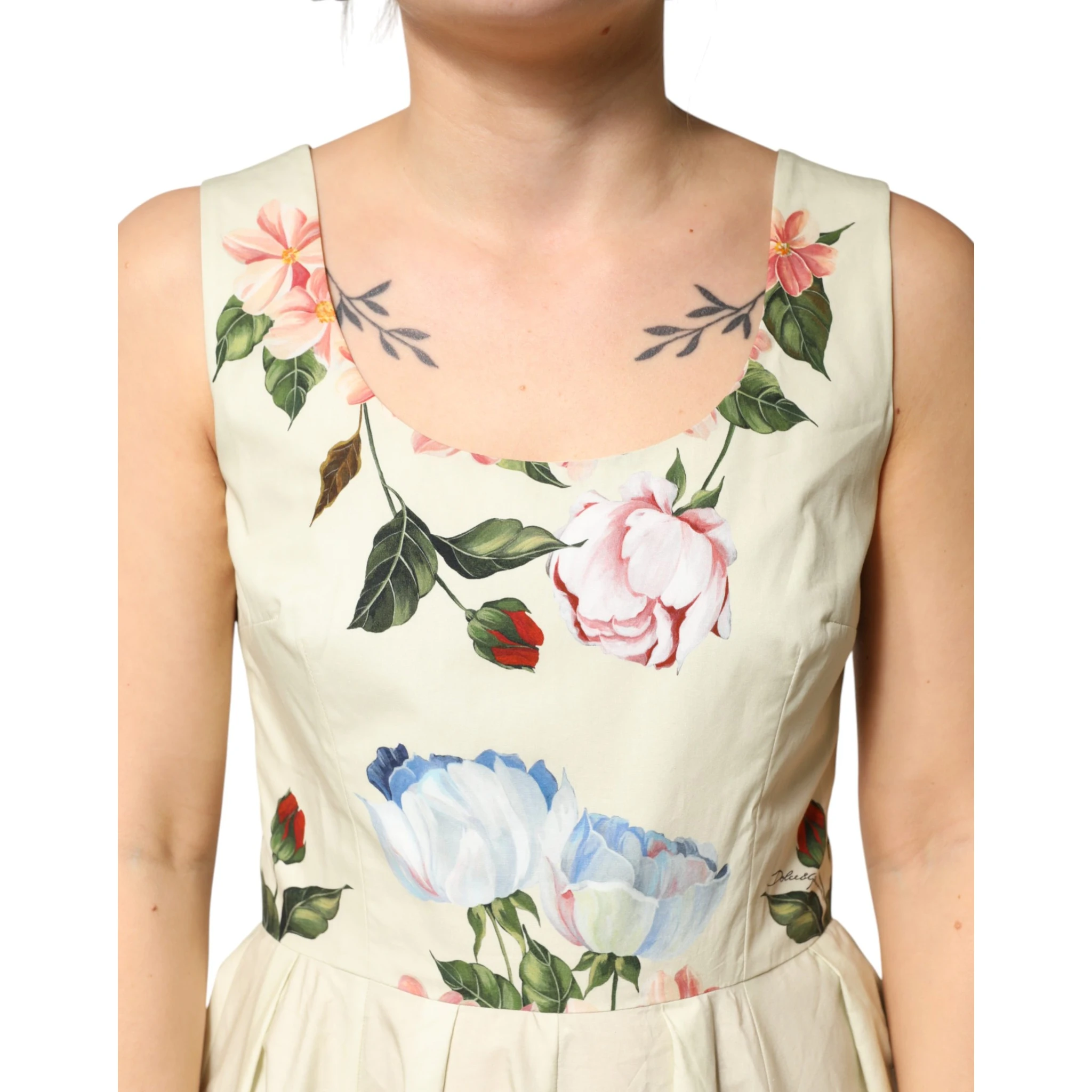 Beige Floral Sleeveless A-line Midi Dress