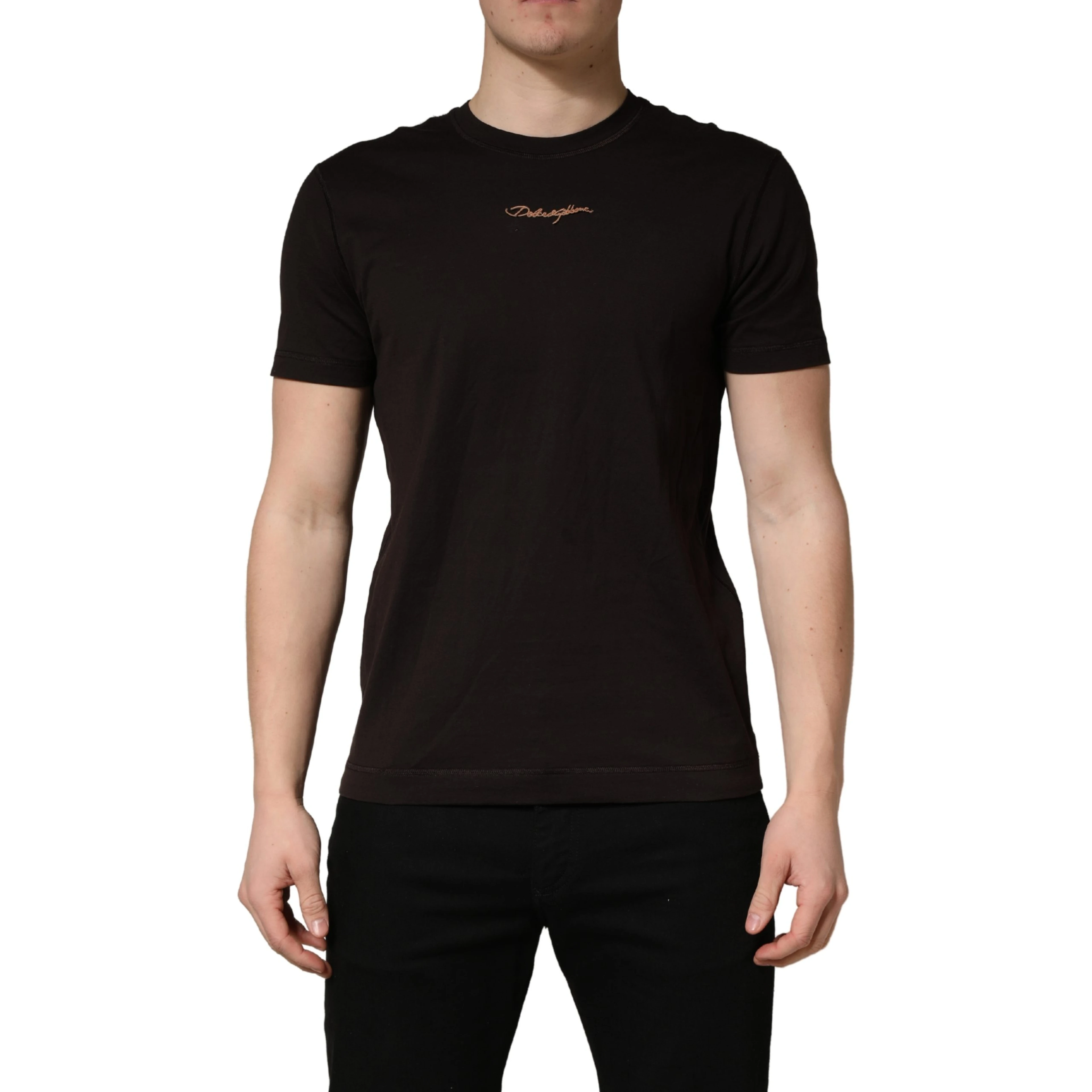 Brown Logo Embroidered Men Crew Neck T-shirt