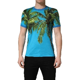 Blue Palm Tree Print Cotton CrewNeck T-shirt