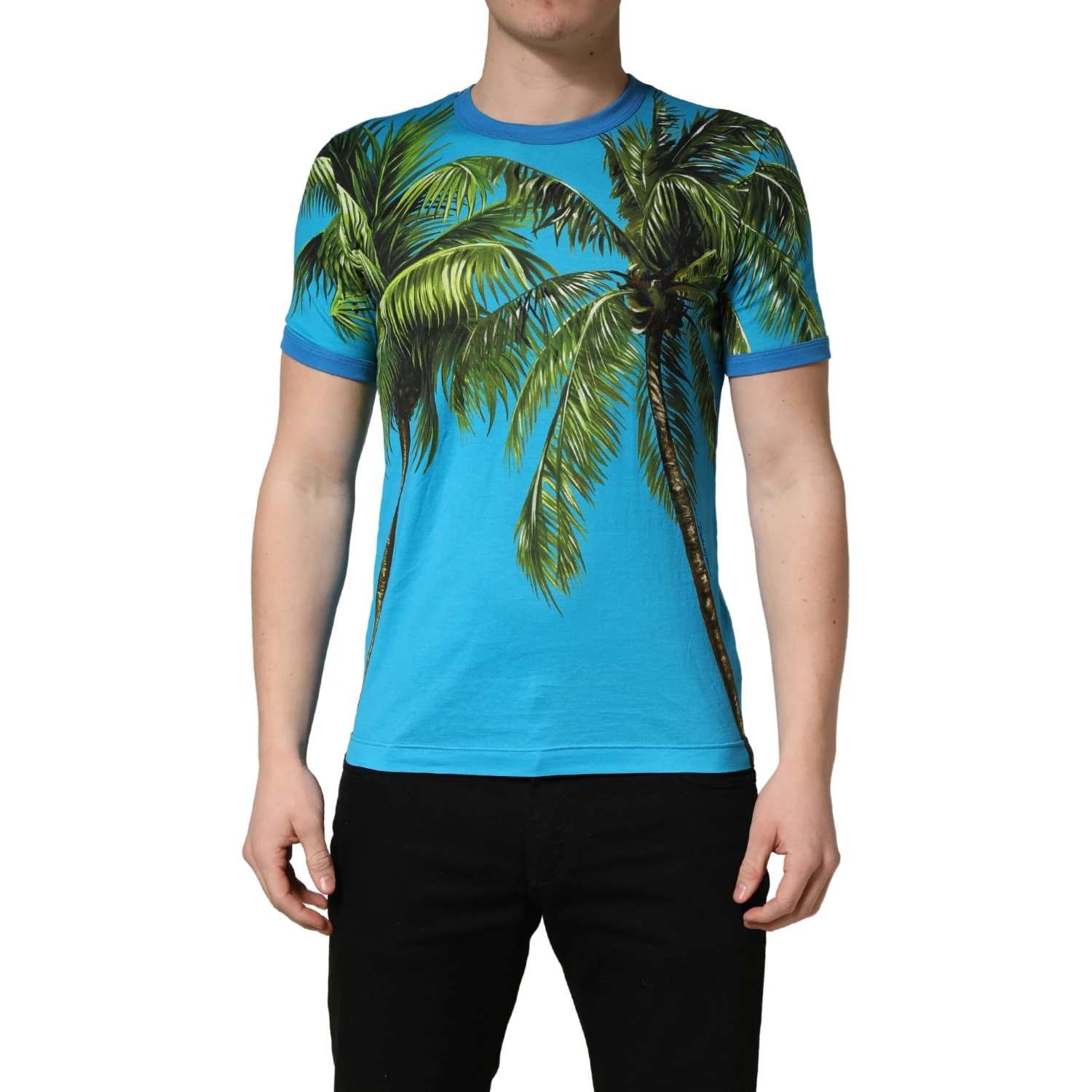 Blue Palm Tree Print Cotton CrewNeck T-shirt