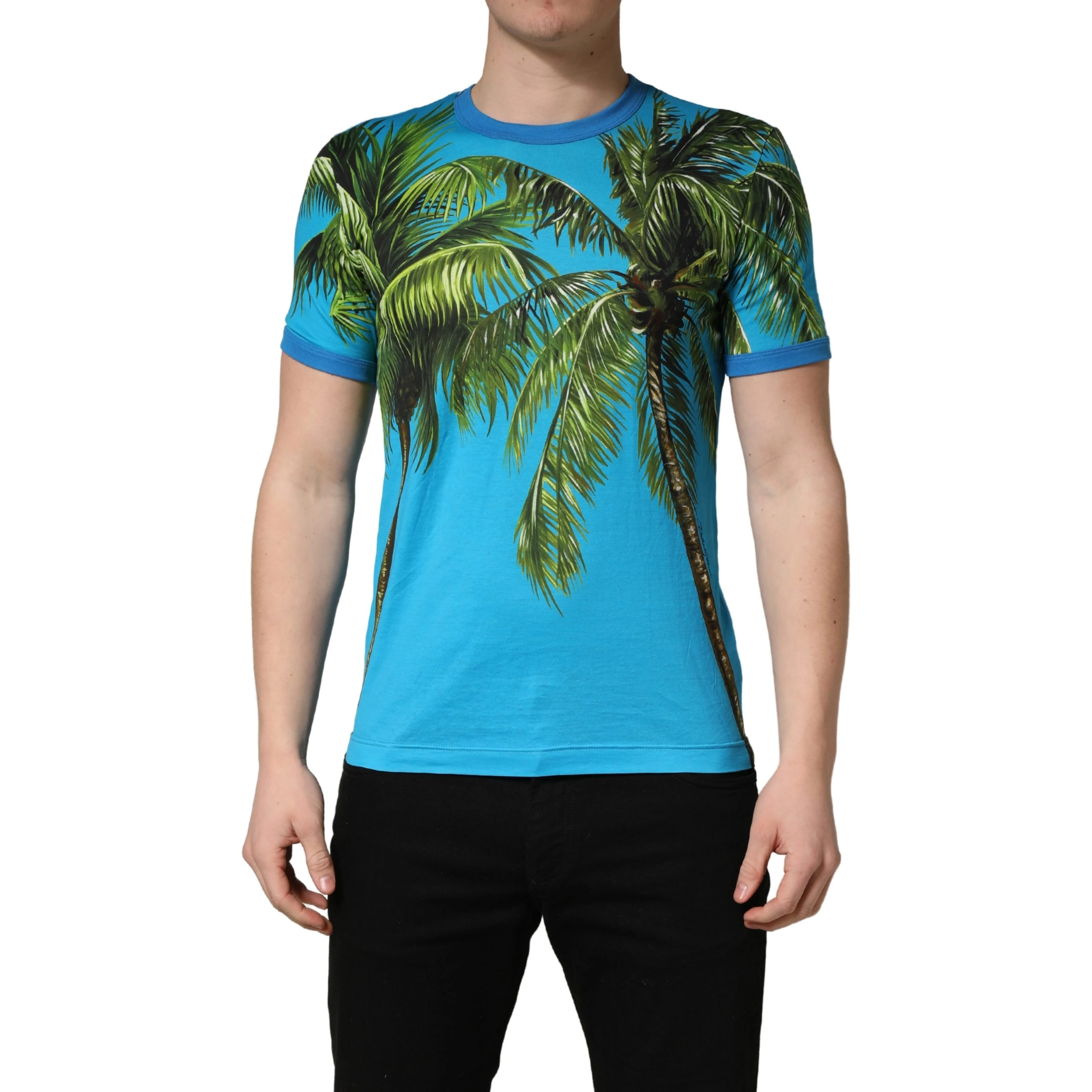 Blue Palm Tree Print Cotton CrewNeck T-shirt