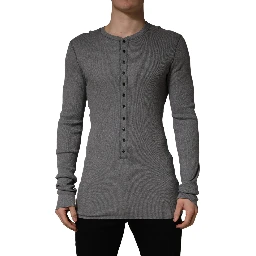 Gray Ribbed Cotton Long-Sleeve Henley  T-shirt